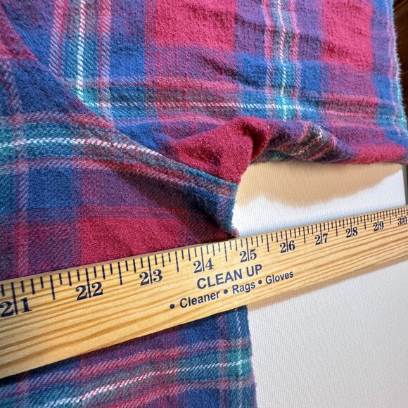 American Eagle Distressed Hooded Flannel Womens Large Red Navy Plaid Cabincore - Picture 5 of 9